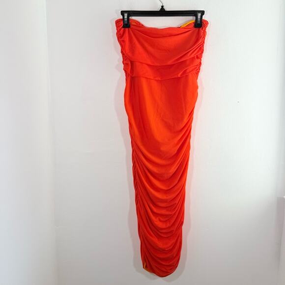 Simon Miller Mesh Jota Orange Yellow Strapless Ruched Midi Dress Size Small - Picture 12 of 15